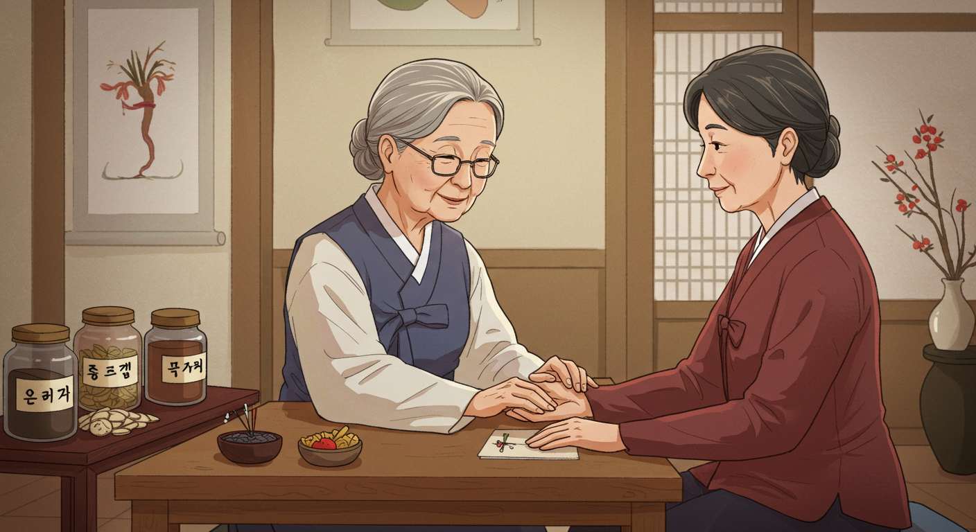 한방요법 전문가 할머니가 환자의 손맥을 짚어주고 있다.
