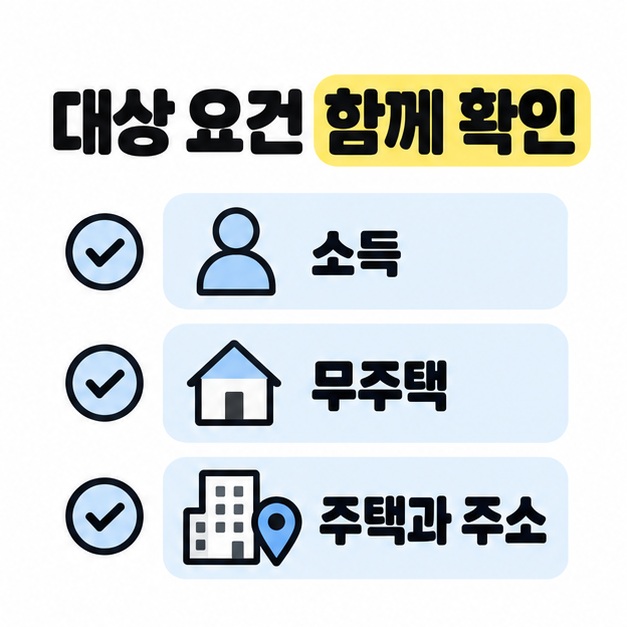 대상 요건 함께 확인이라는 제목 아래 소득, 무주택, 주택과 주소를 각각 사람과 주택 등의 아이콘 및 확인 표시와 함께 나열한 이미지