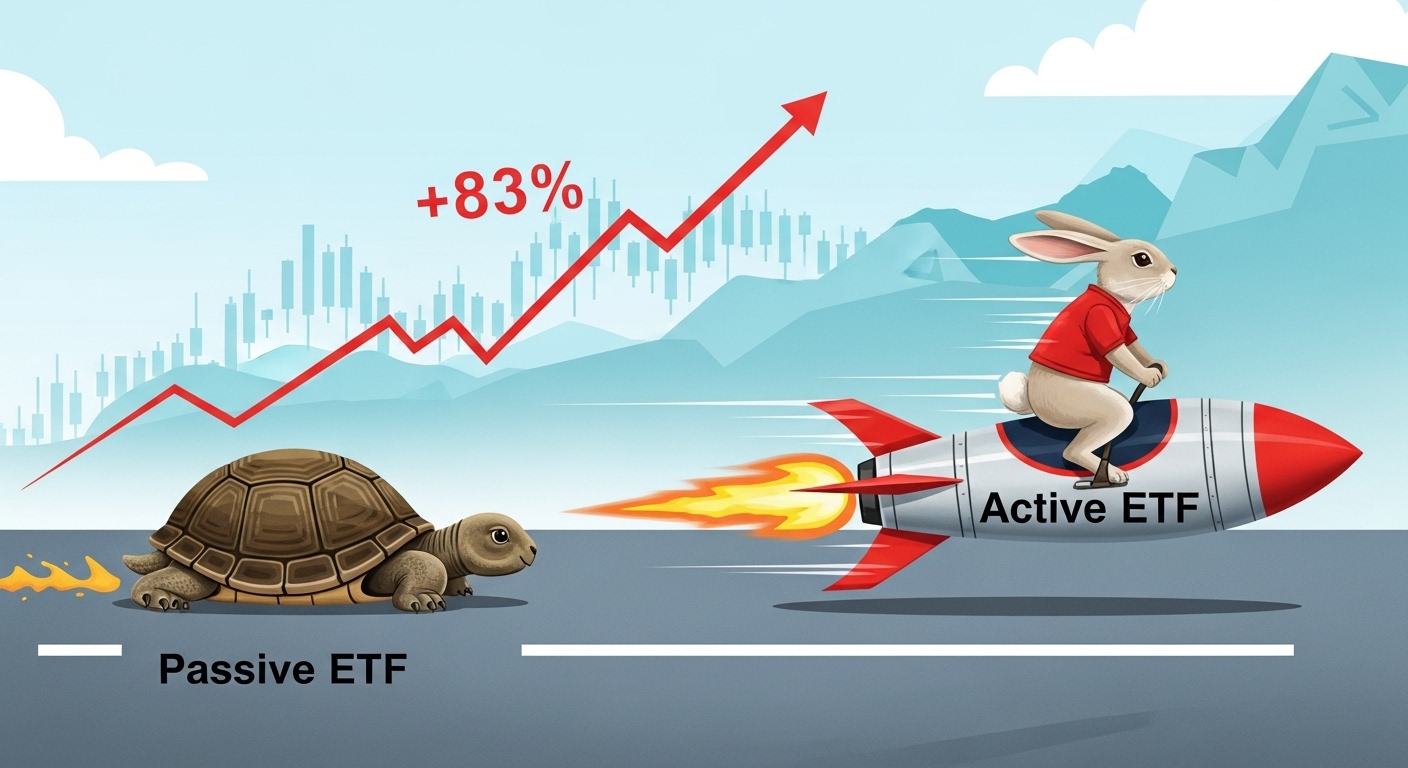 느릿느릿한 거북이(지수형 ETF)를 제치고 로켓을 타고 날아가는 토끼(액티브 ETF)의 모습, 배경엔 +83% 급등 차트