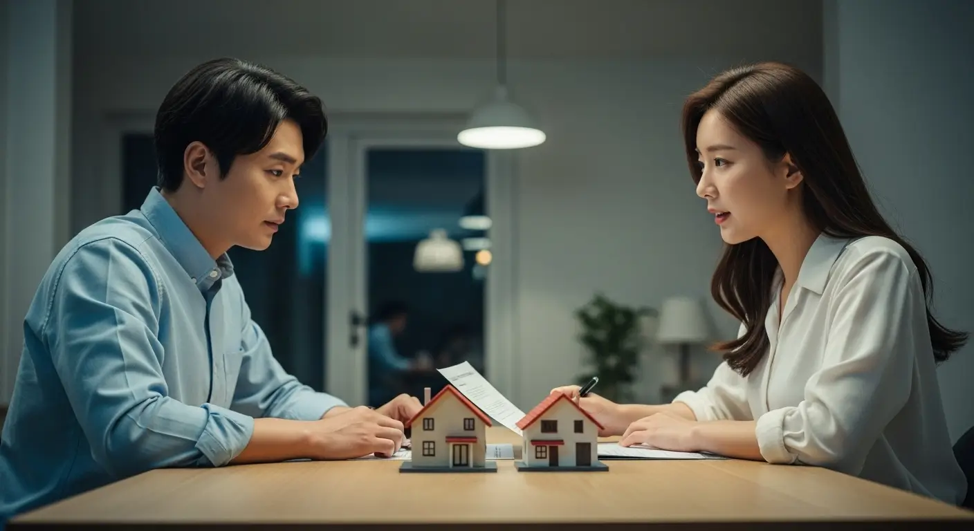 기존 집과 새 집 모형을 앞에 두고 일시적 2주택 대출 문제를 상의하는 한국인 부부