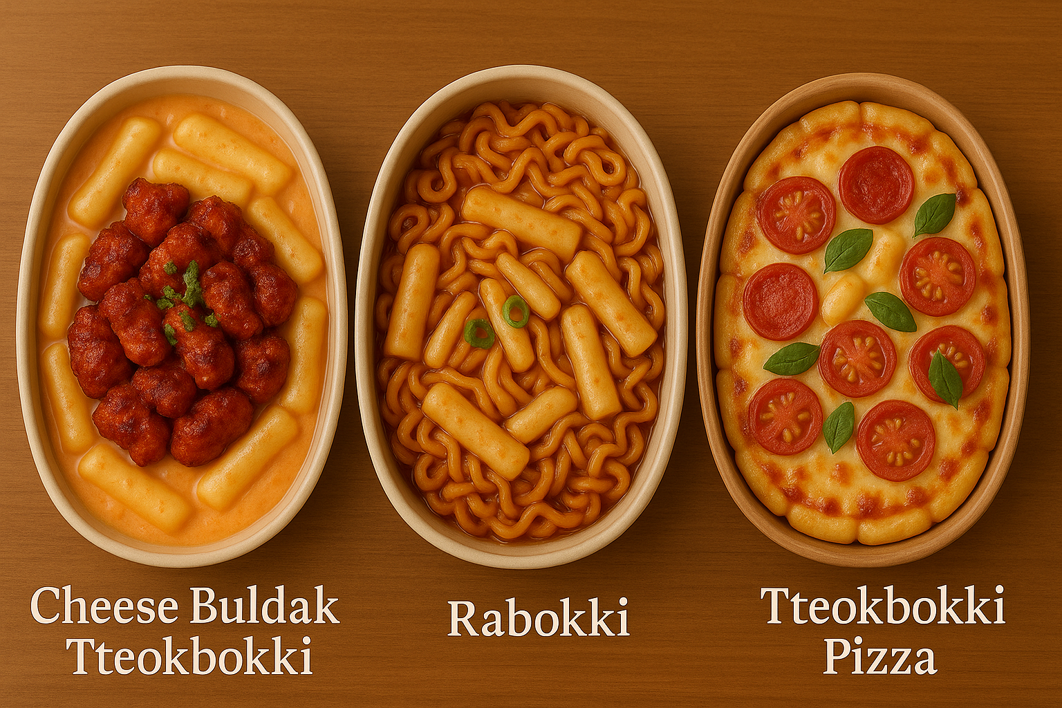 Cheese Buldak Tteokbokki, Rabokki, and Tteokbokki Pizza served in ceramic bowls on a wooden surface.