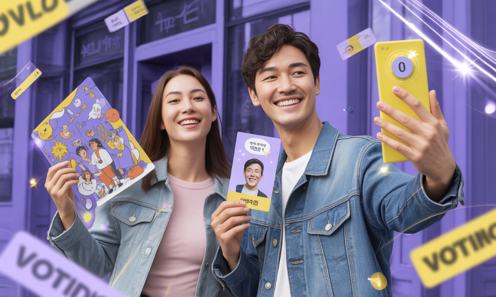 MZ세대가 개성 있는 투표 인증 용지와 아이돌 포토카드를 들고 투표소 앞에서 웃으며 인증샷을 찍는 모습.