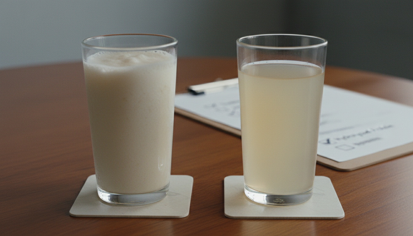테이블 위의 비교 사진: 왼쪽에는 걸쭉하고 덩어리진 쉐이크(전통적 유청), 오른쪽에는 부드럽고 맑은 액상 단백질 음료(현대적 가수분해). 배경에는 체크리스트 클립보드. 리얼한 조명.