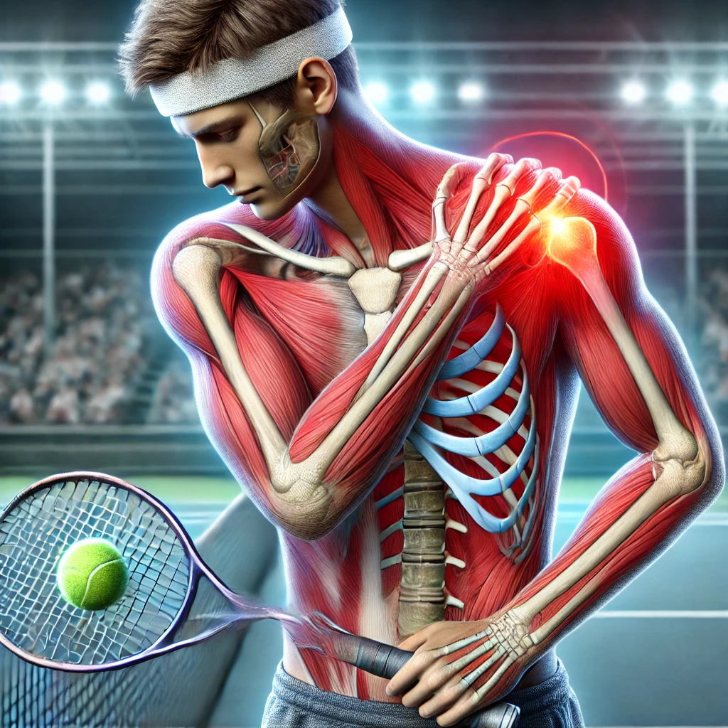 테니스 선수의 어깨 통증을 나타내는 의료 일러스트. 빨갛게 강조된 부위가 염증과 통증을 시각적으로 표현하며, 선수는 불편한 표정으로 어깨를 잡고 있다. 배경은 흐릿한 테니스 코트.