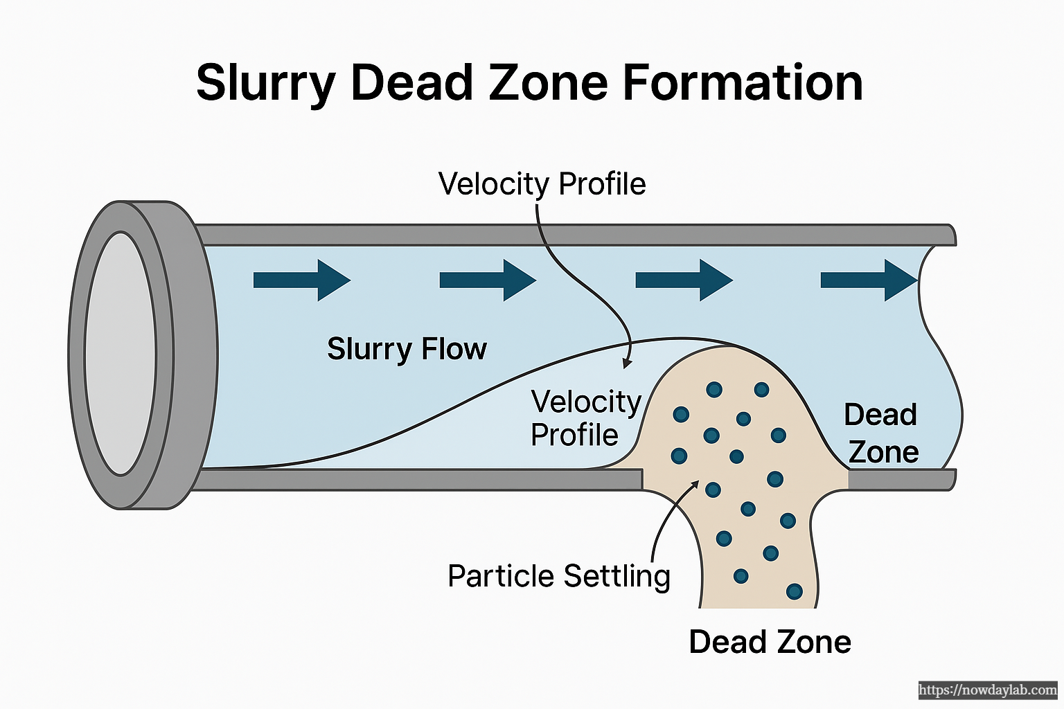 Cross-sectional diagram of slurry pipeline showing velocity profile drop, particle settling, and dead zone formation at the bottom of the pipe
