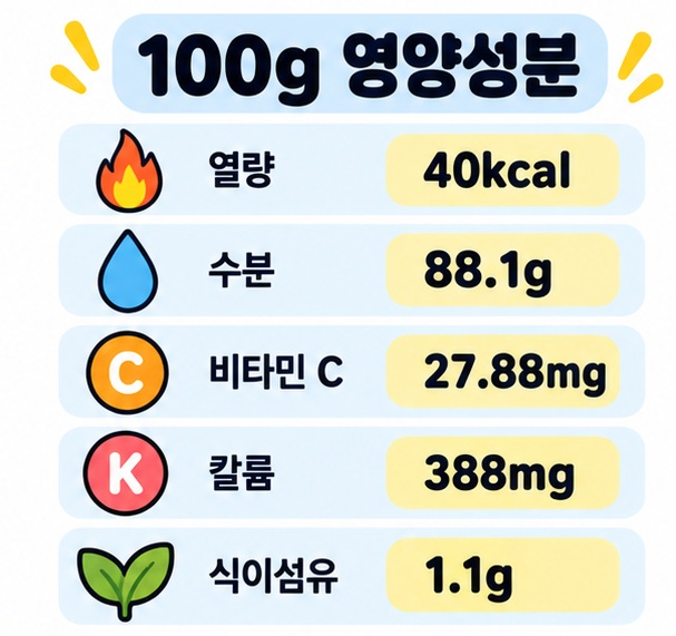참외 100g의 수분, 비타민 C, 칼륨, 식이섬유와 열량을 영양성분별로 정리한 카드