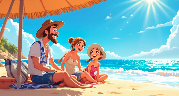 가족-바닷가-파라솔