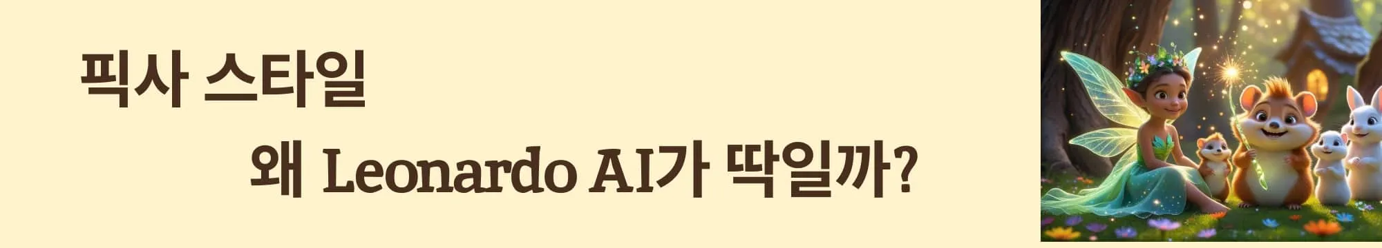 ‘픽사 스타일, 왜 Leonardo AI가 딱일까?’라는 문구가 포함된 웹배너 이미지. 이 이미지는 픽사풍 이미지 생성에서 Leonardo AI의 강점을 시각적으로 전달하며, 블로그의 AI 이미지 생성 도구 비교 주제와 관련된 내용을 설명함. (why Leonardo AI for Pixar style)
