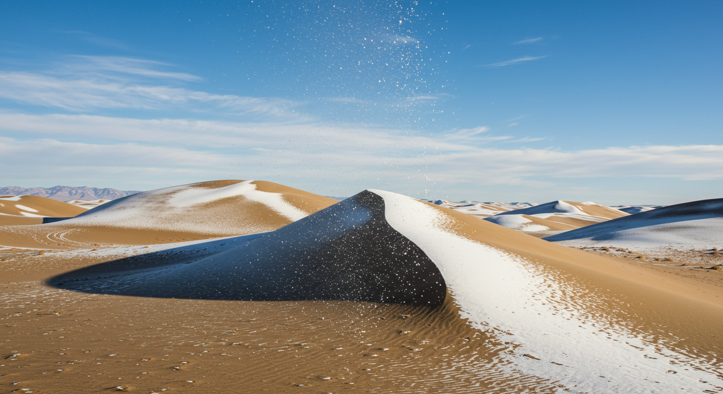 눈이 내린 사막의 풍경. 건조 지역에서도 특정 기후 조건에서 눈이 내릴 수 있다.