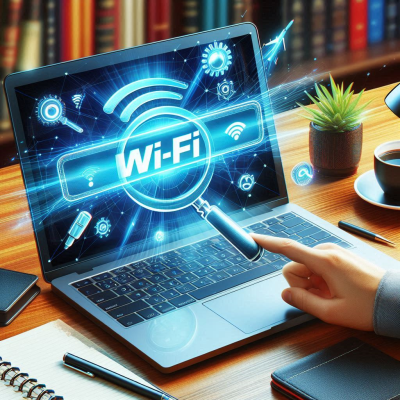 노트북 화면에 Wi-Fi 신호가 확대되어 표시된 장면