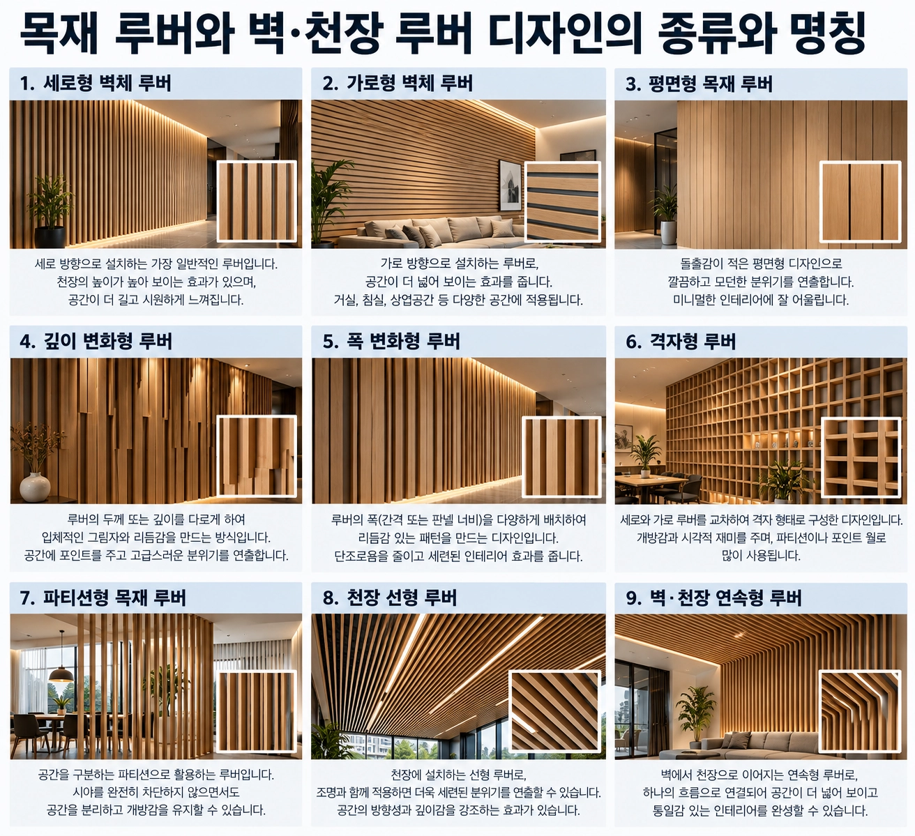 목재 루버와 벽&middot;천장 루버 디자인의 종류와 명칭