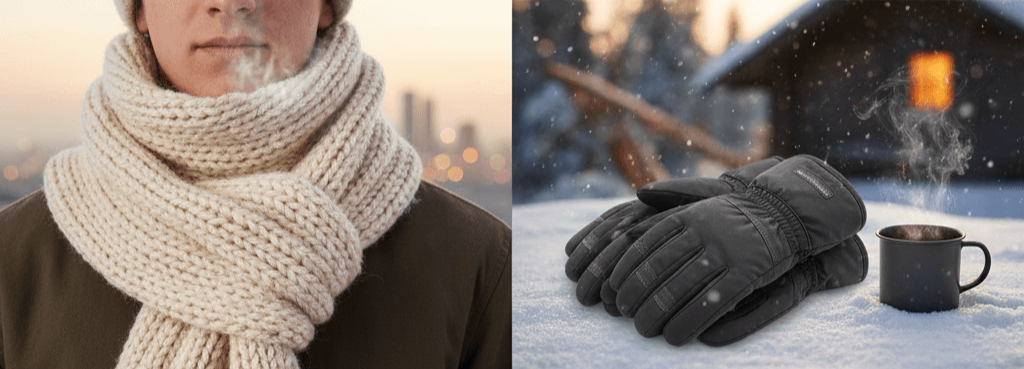 일출 여행 보온 용품인 목도리, 장갑, 핫팩, 보온병 사진