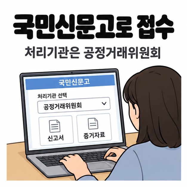 국민신문고로 접수 문구 아래 소비자가 노트북의 공정거래위원회 처리기관 선택 항목과 신고서, 증거자료를 확인하는 모습