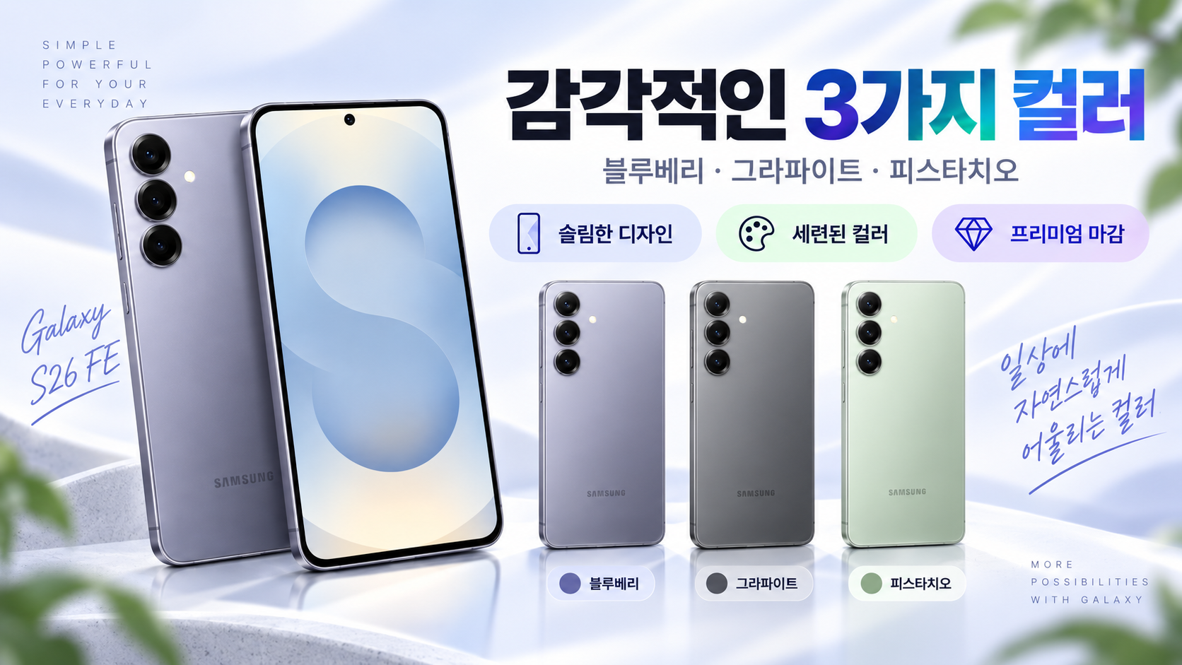 갤럭시 S26 FE 국내 출시 색상 블루베리 그라파이트 피스타치오 3종 비교