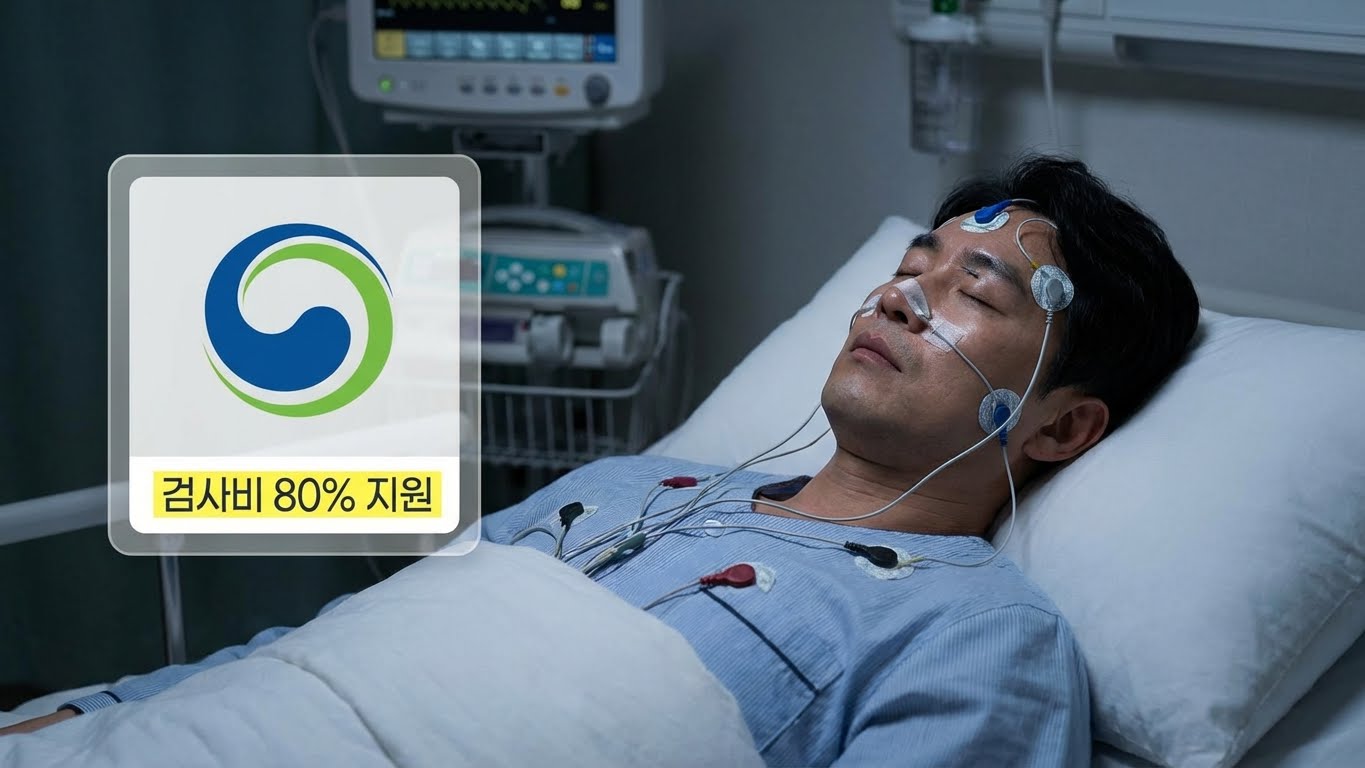 남성이 병원 수면실에서 센서를 부착하고 검사를 받는 모습(수면다원검사)