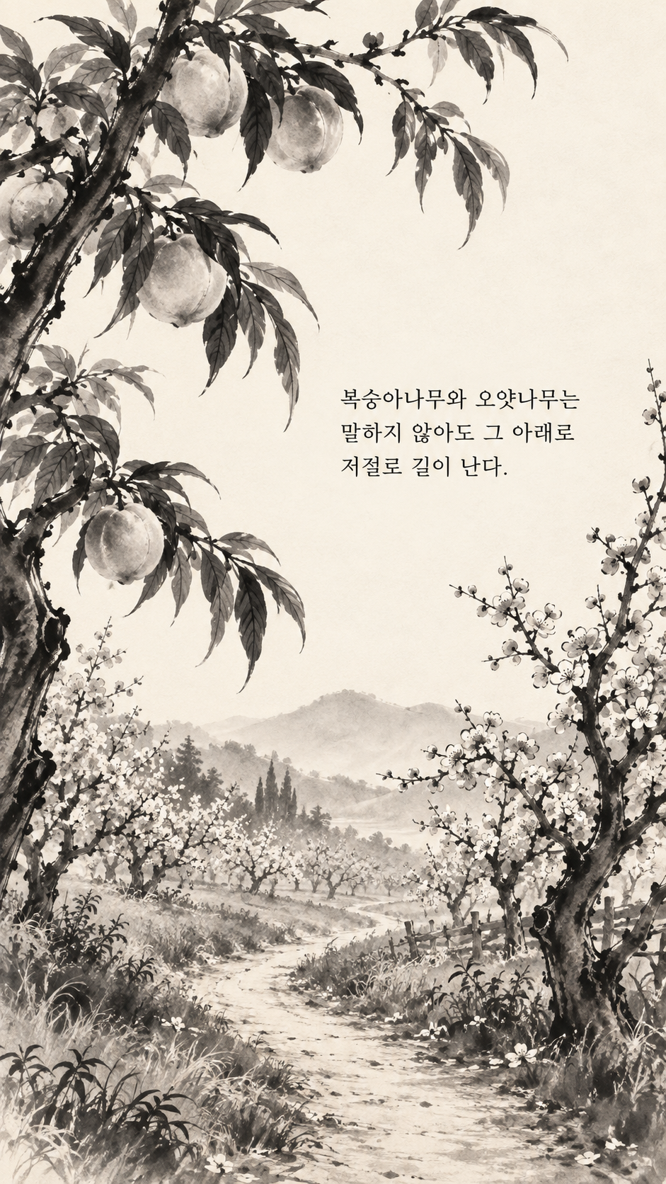 사마천 명언 21 복숭아나무와 오얏나무는 말하지 않아도 그 아래로 저절로 길이 난다. 열매 맺은 나무 아래 구불구불한 오솔길 수묵화 이미지