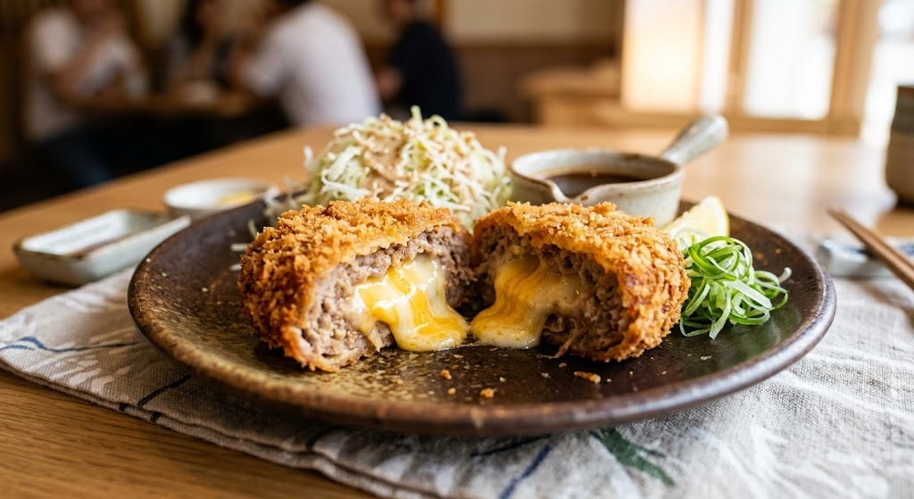 어두운 도자기 접시 위에 반으로 갈라져 노란 치즈가 흘러나오는 바삭한 치즈 멘치카츠가 담겨 있다. 뒤쪽으로는 드레싱이 올려진 양배추 채와 돈가스 소스가 있고, 옆에는 레몬 조각과 파채가 곁들여져 있다.