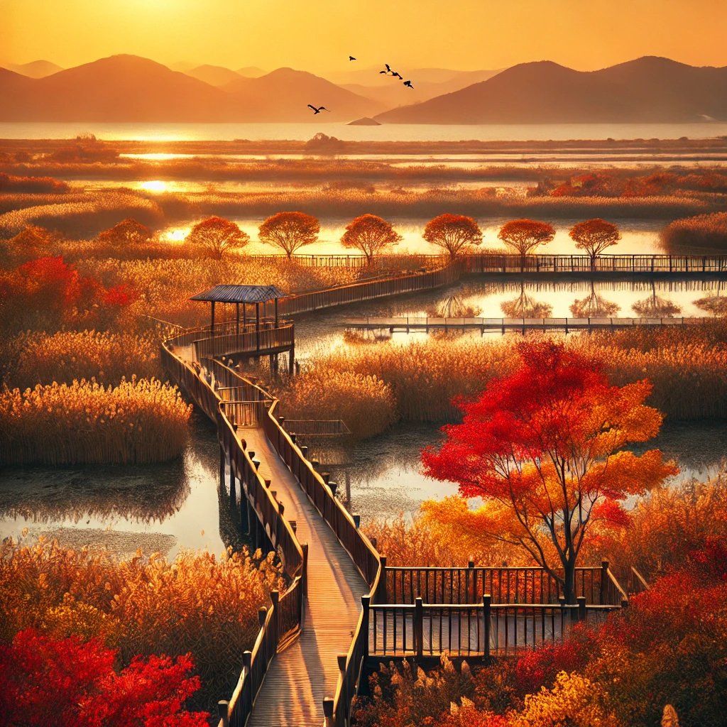 인천 소래습지생태공원의 가을 풍경. 붉은 단풍이 물들인 나무들이 습지 주변을 둘러싸고 있으며, 나무 산책로와 전망대가 자연과 어우러져 있다.