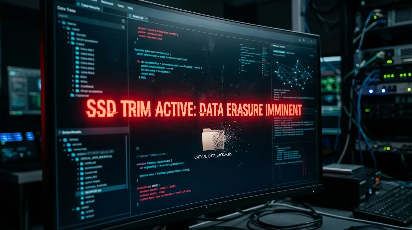 SSD TRIM 명령어 활성화로 인해 삭제된 데이터가 백그라운드에서 영구 소멸하는 위험성을 경고하는 시스템 오류 화면