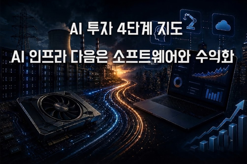 AI 반도체와 데이터센터 인프라에서 AI 소프트웨어 및 수익화 단계로 자금이 이동하는 투자 흐름 이미지