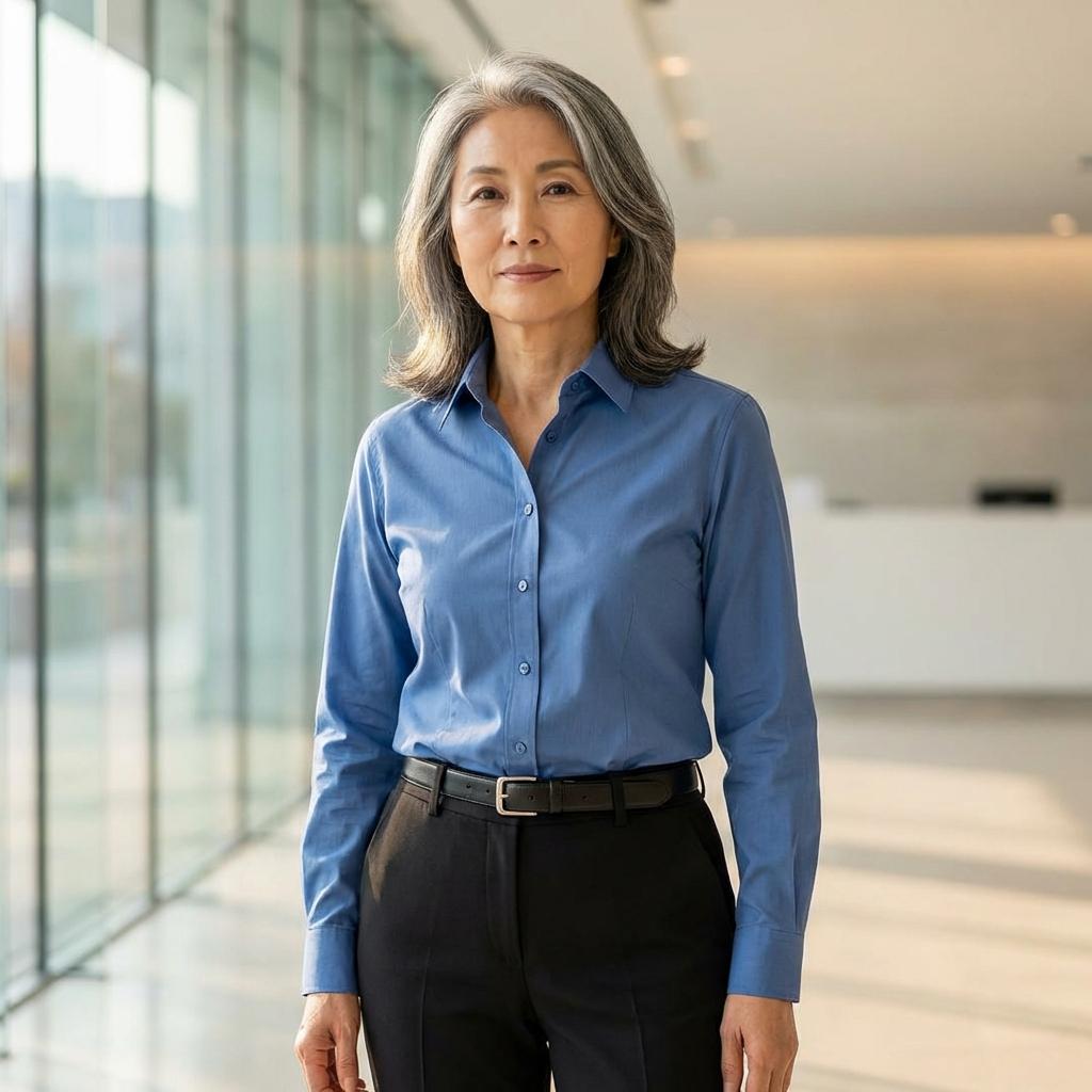 블랙 슬랙스와 블루 셔츠로 완성하는 프로페셔널한 시니어 오피스룩