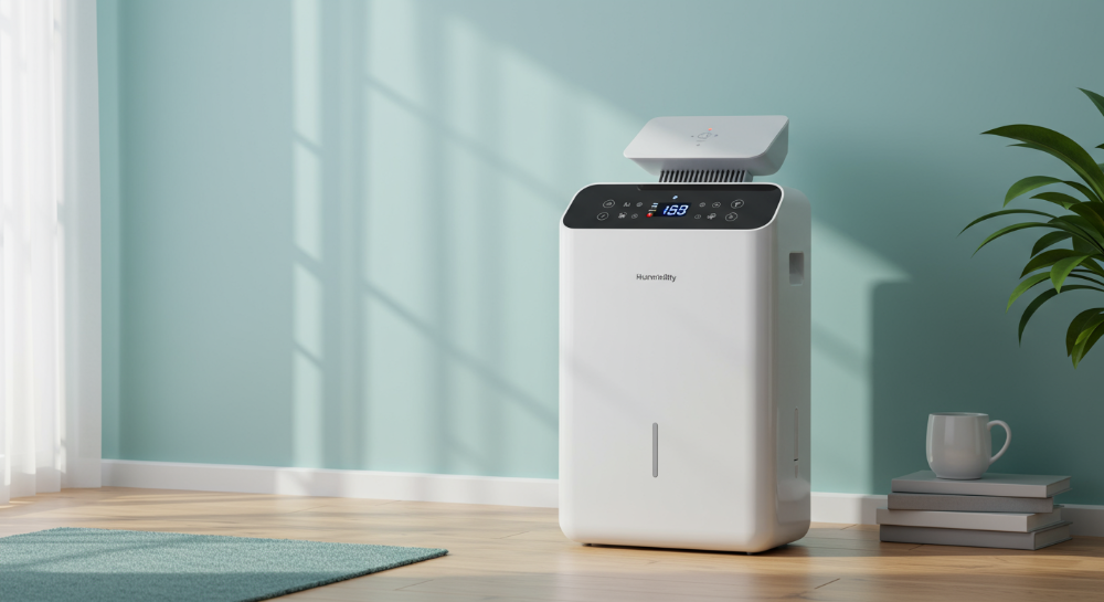 틸색상과 라이트 그레이 톤의 모던한 실내 공간에서 쾌적한 환경을 조성하며 작동 중인 제습기.