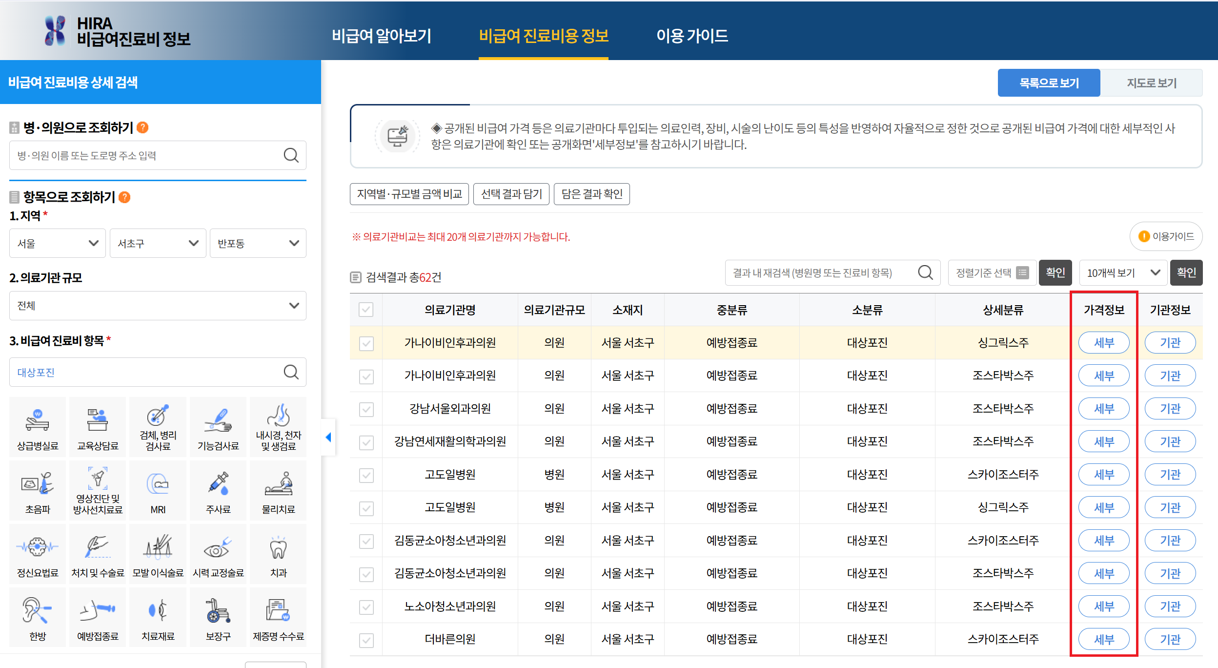 내 주변 병원 대상포진 예방접종 가격 비교