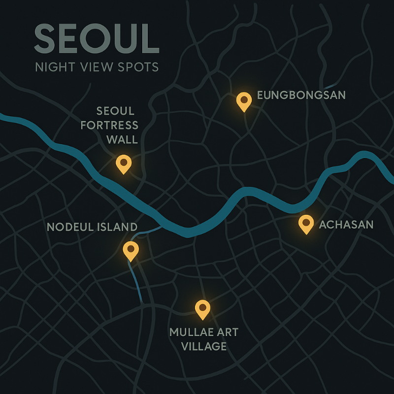 Seoul night view spots map with highlighted locations