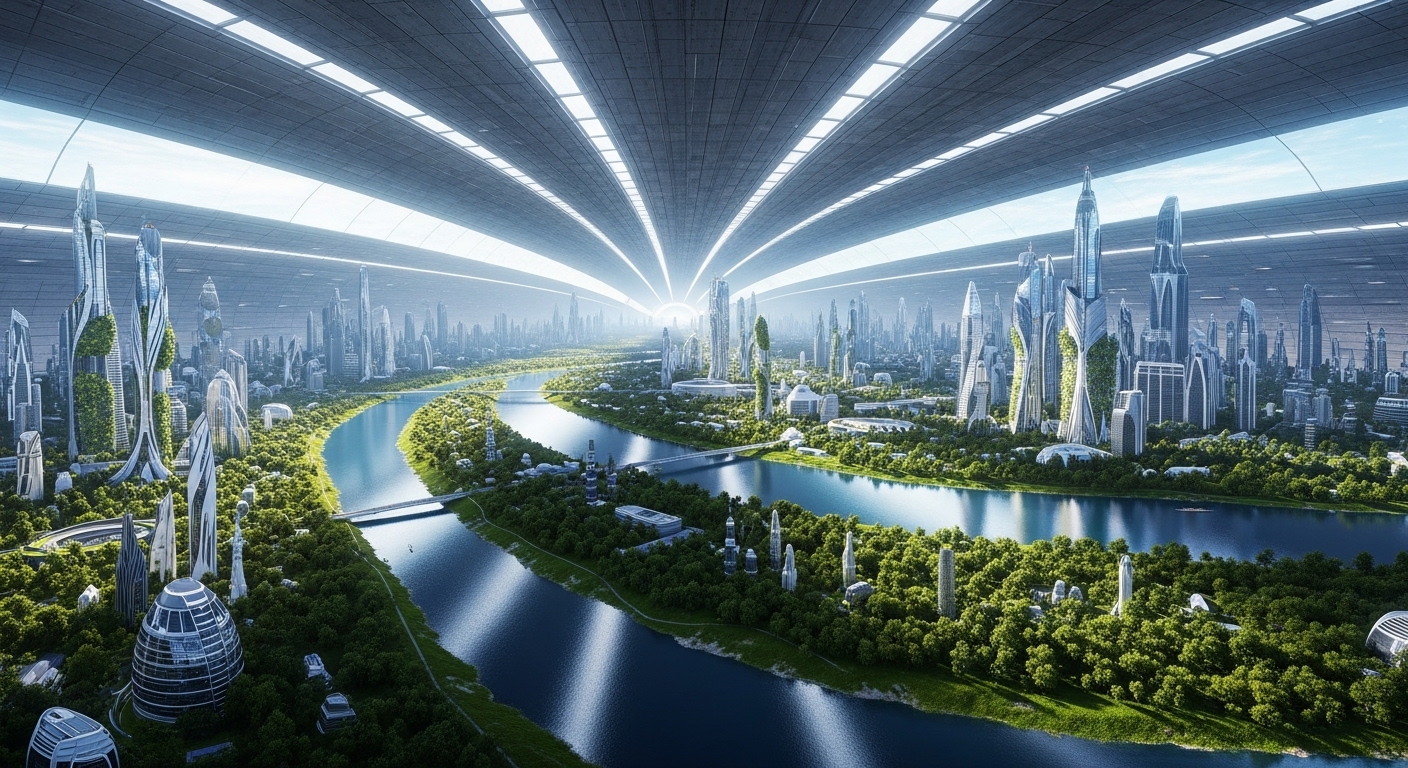 오닐 실린더 내부에서 촬영된 초광각 파노라마 뷰. 발밑의 땅이 위쪽으로 거대하게 휘어져 머리 위에서 만나 완전한 원통을 이루고 있으며, 그 표면 전체에 강, 숲, 미래형 도시가 펼쳐져 있는 경이로운 풍경.