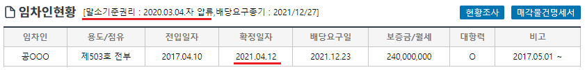 경매 정보지의 확정일자를 늦게 받은 경우의 사진