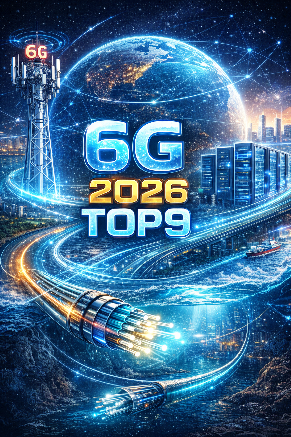 AI 고속도로 정책을 상징하는 6G 기지국과 데이터센터, 해저케이블이 연결된 국가 네트워크 인프라 이미지