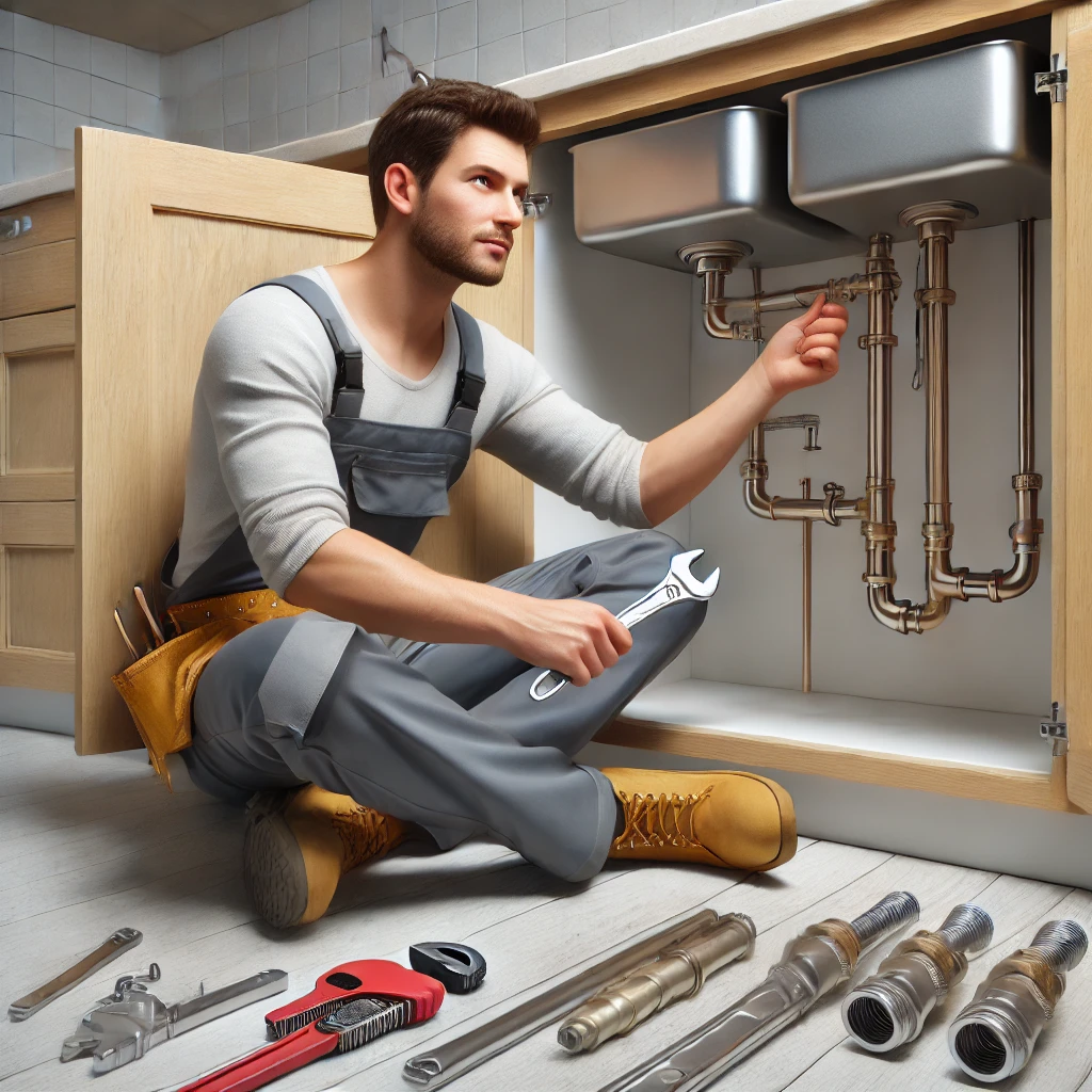 전문가가 싱크대 아래 배관을 수리하는 모습