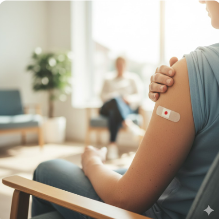 독감 백신 접종 후 팔에 반창고를 붙이고 쉬는 모습