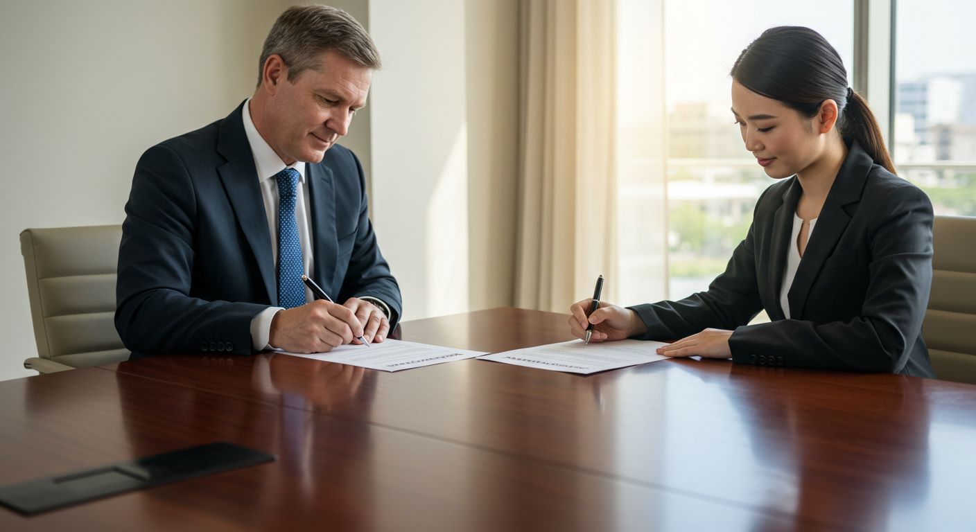서명하고 있는 두사람 사진