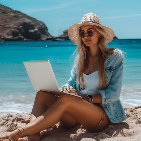 해변가에서 노트북을 들고 일하는 여성