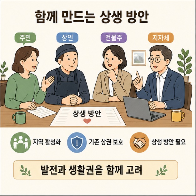 지역 주민과 상인, 건물주가 상권 활성화와 기존 생활권 보호를 함께 고려하며 상생 방안을 논의하는 모습을 보여 주는 그림