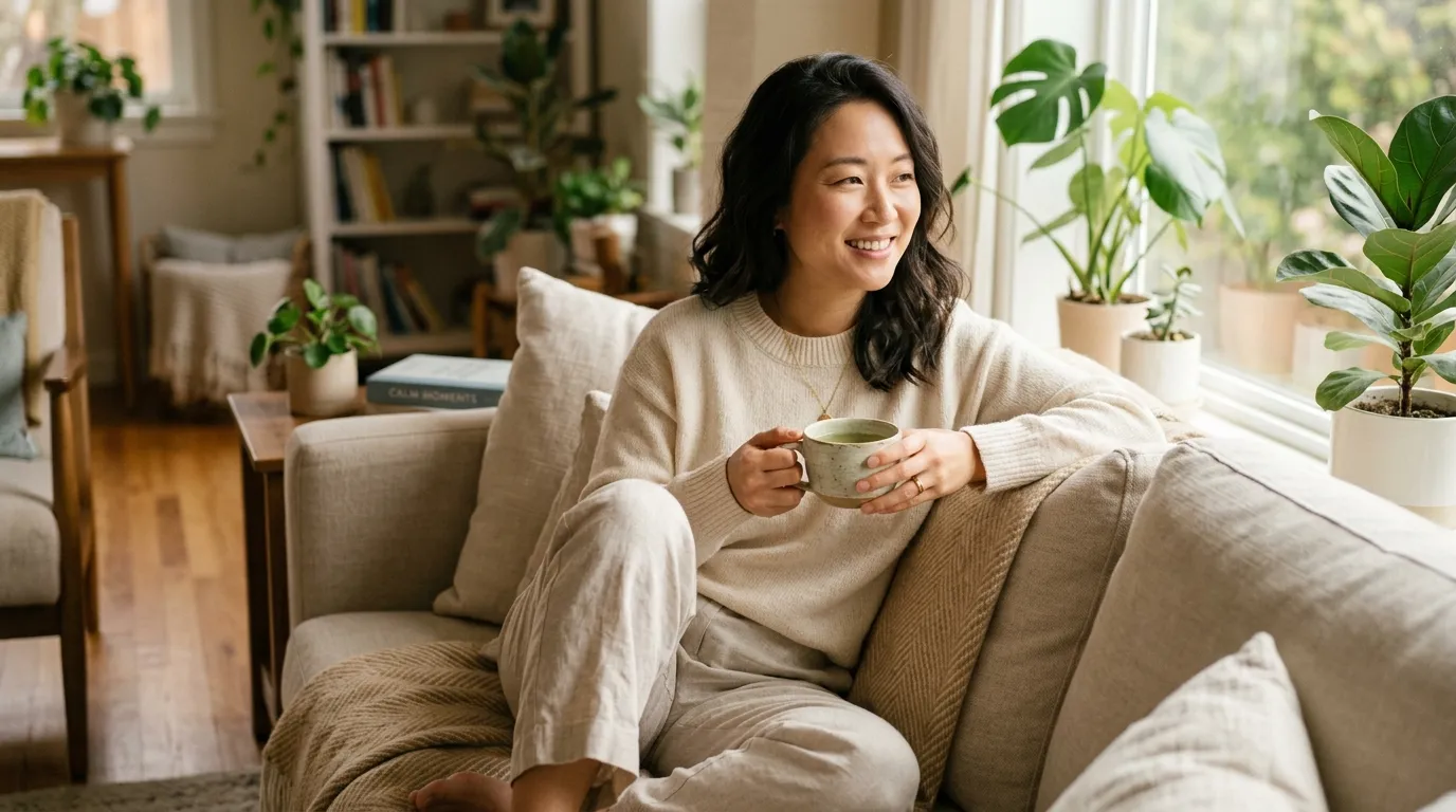 소파에 앉아 녹차를 마시며 편안하게 쉬고 있는 여성