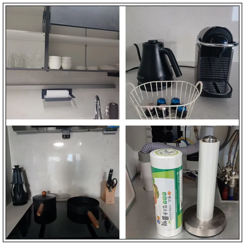 4칸으로-나뉘어져-있음-왼쪽위에-그릇과-유리잔-그아래-키친타올-오른쪽-위에-커피포트와-커피머신-그앞에-커피캡슐-왼쪽-아래-인덕션-위에-냄비와-후라이팬-조리도구있음-오른쪽-아래-위생백-새것과-남은것이-함께-있음