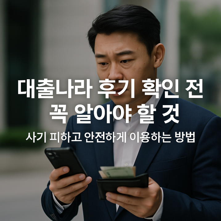 대출나라 이용 전 주의사항을 확인하는 중년 남성의 모습, 안내 문구 포함된 실사 이미지.