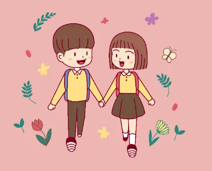 사이 좋게 걷고 있는 남녀 학생