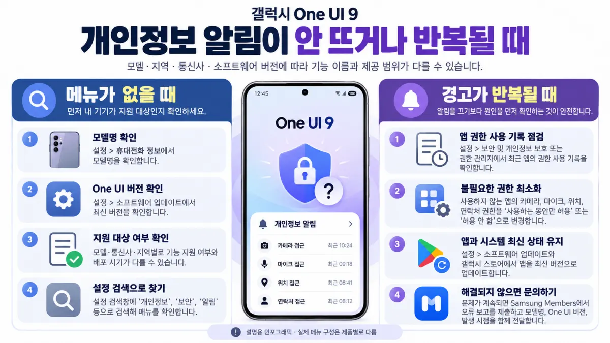 One UI 9 개인정보 알림 메뉴가 없거나 위치 접근 경고가 반복될 때 확인할 해결 순서
