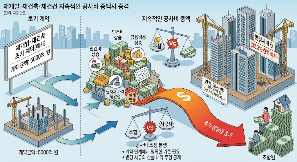 재개발·재건축 정비사업장에서 초기 계약 체결 이후 준공까지 이어지는 공사비 증액 구조와 이로 인한 조합-시공사 간의 갈등을 다이어그램 형태로 나타낸 사진이다.