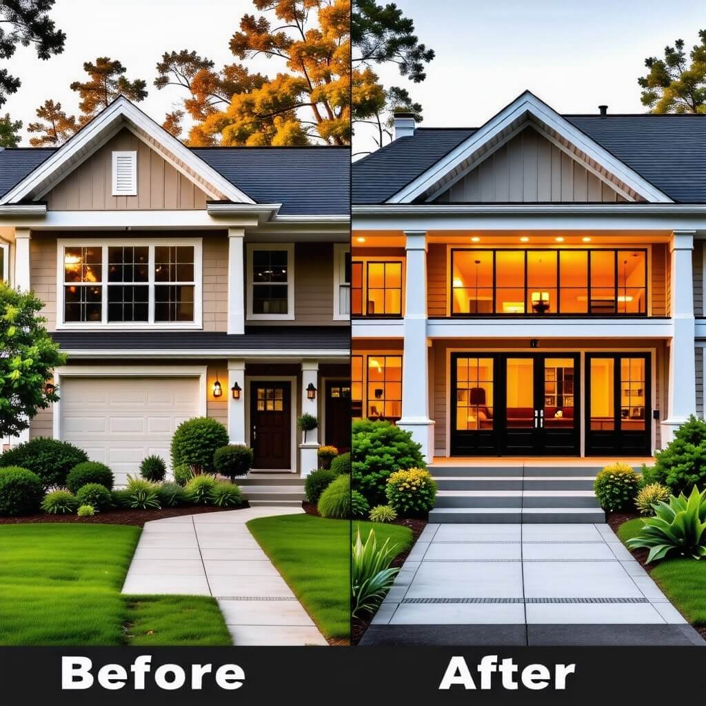 리모델링 전후의 주택 모습을 비교한 이미지. 변화된 공간을 강조