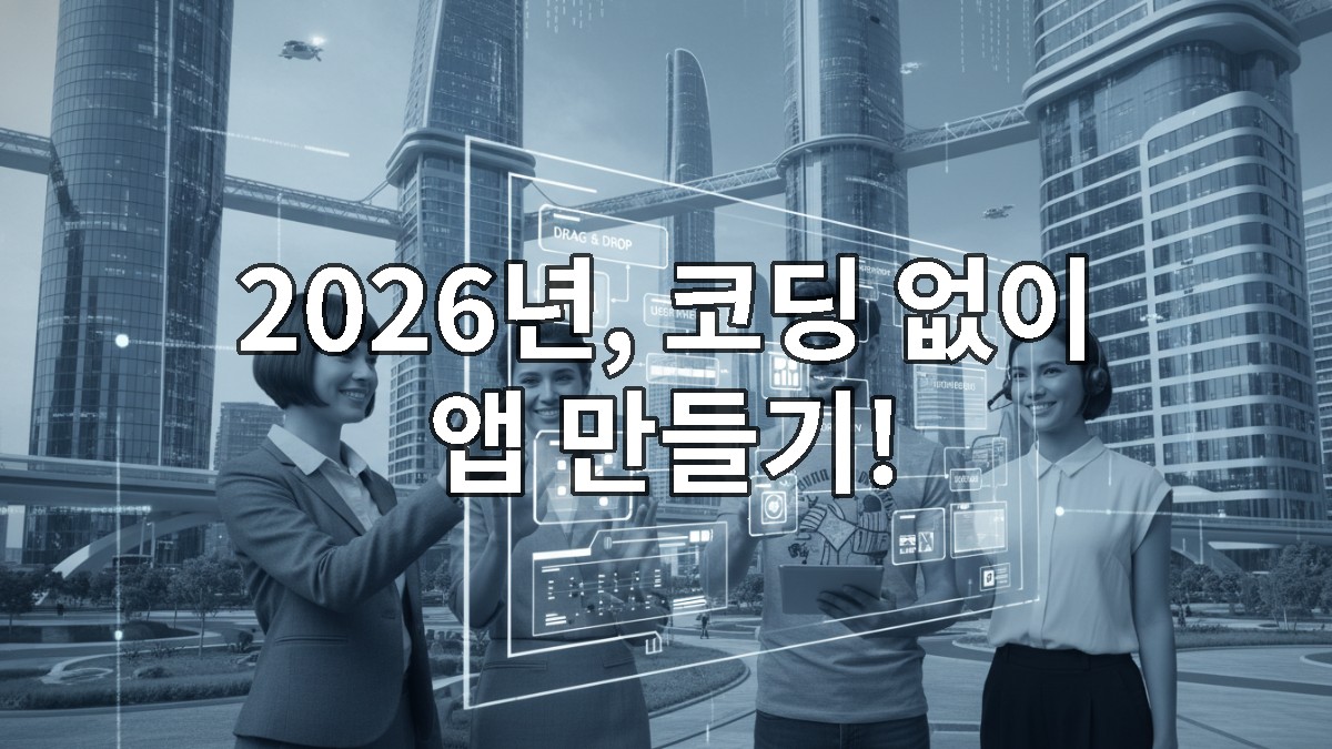 2026년 비개발자가 노코드/로우코드로 앱을 만드는 미래를 상징하는 이미지. 다양한 사람들이 홀로그램 인터페이스로 앱 빌딩 블록을 조작하며 활기찬 표정을 짓고 있다.