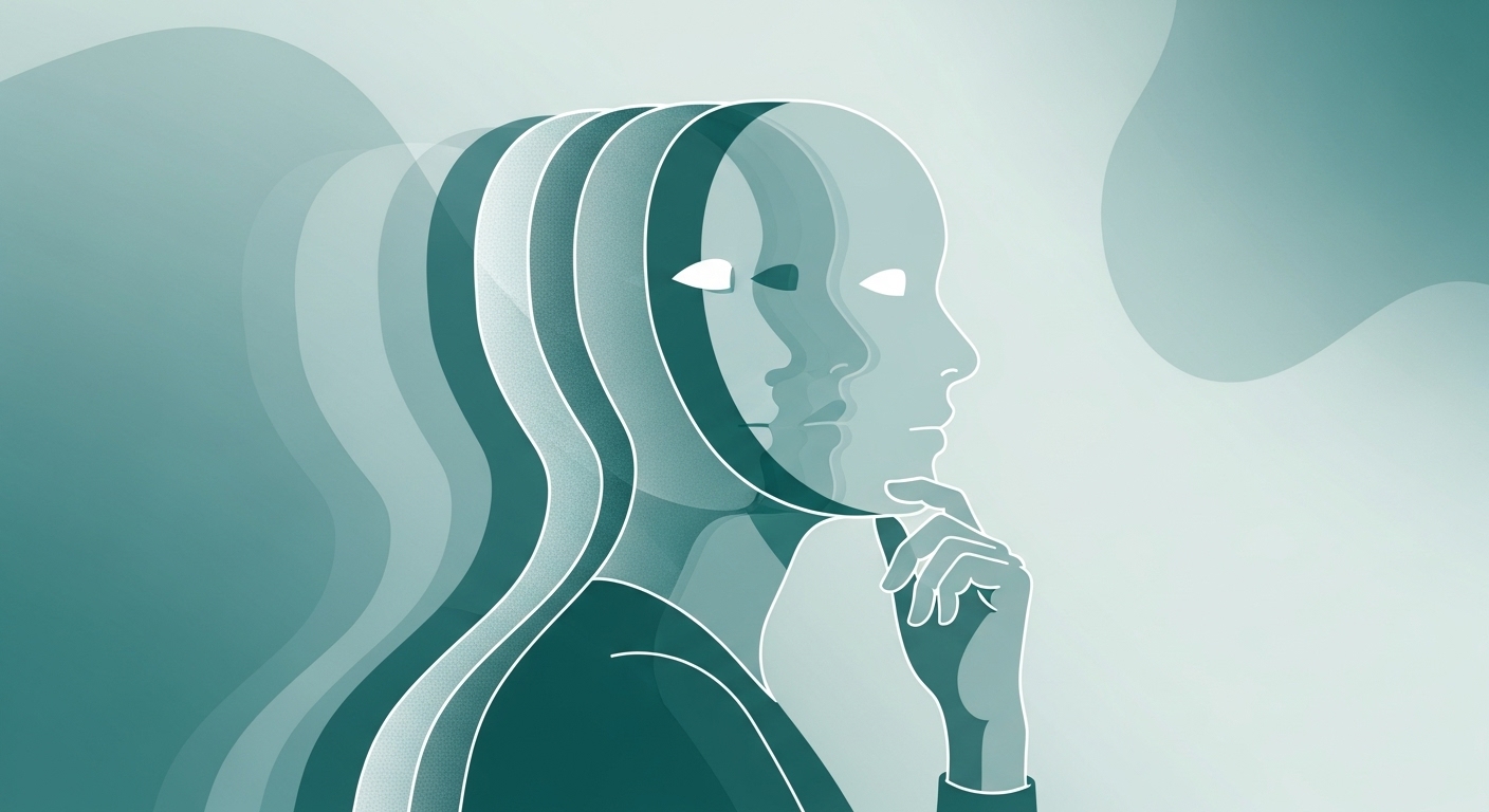 자신의 여러 페르소나를 생각하며 사색에 잠긴 사람의 모습, MBTI 심화 분석으로 숨겨진 자아를 발견하는 과정.