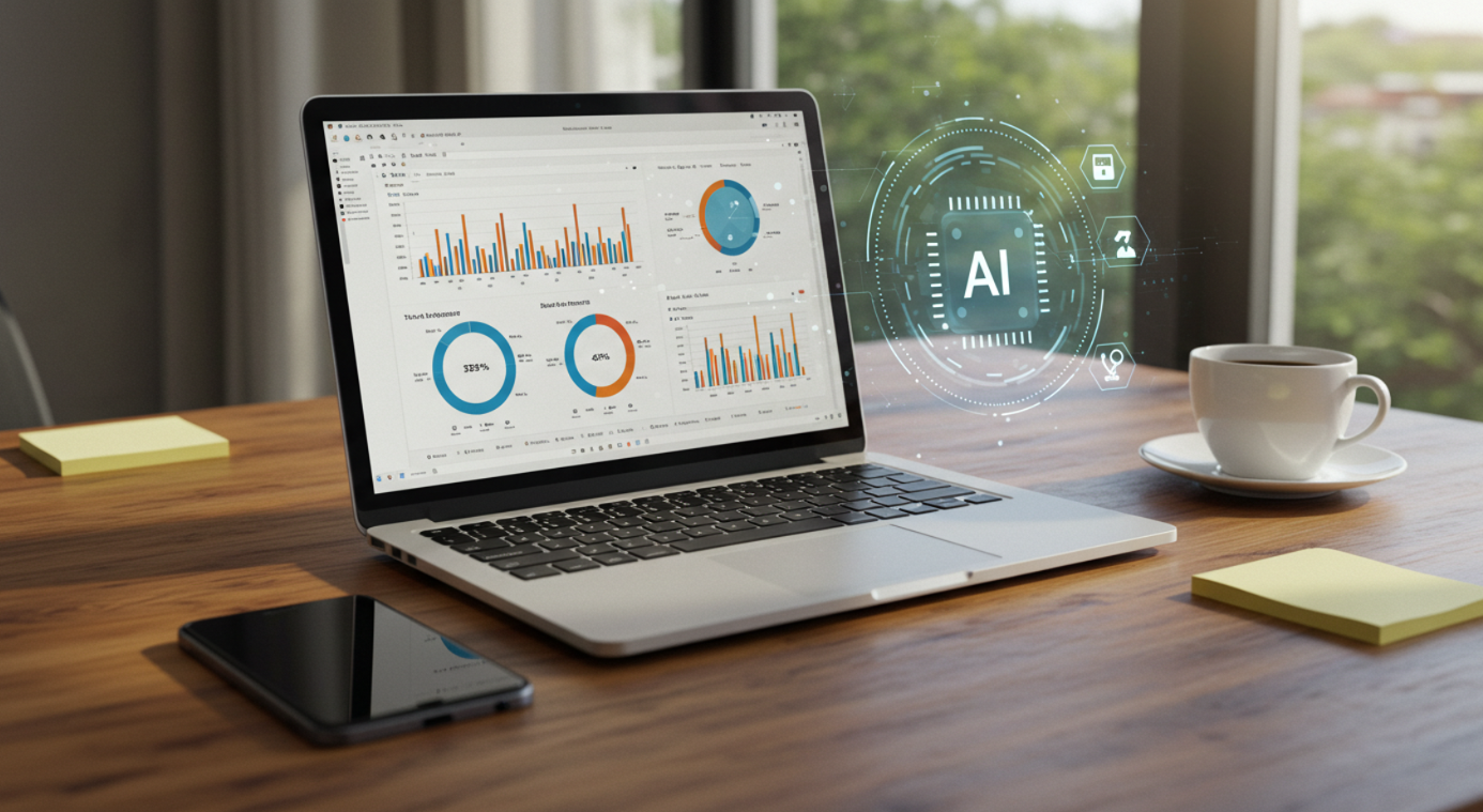 창가 옆 책상위에 노트북이 펼쳐져 있고 그래프가 그려져 있다. 커피와 휴대폰도 놓여져 있다