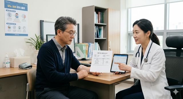 당뇨 혈당 검사 결과를 확인하며 보험 상담하는 모습