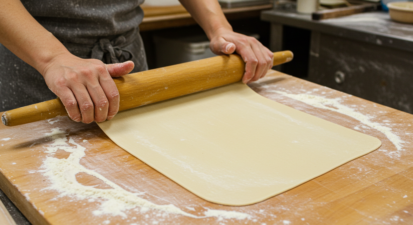 커다란 밀대로 반죽을 얇고 넓게 펴는 모습