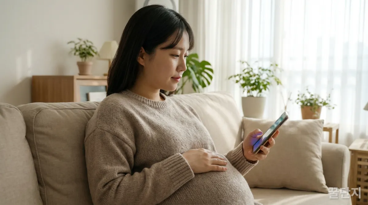 스마트폰으로 임신 지원 혜택을 찾아보는 한국인 임산부