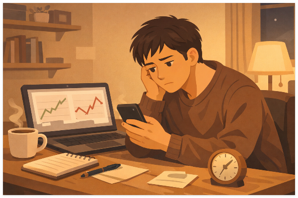투자 스트레스로 스마트폰과 차트를 번갈아 보는 개인 투자자 일러스트